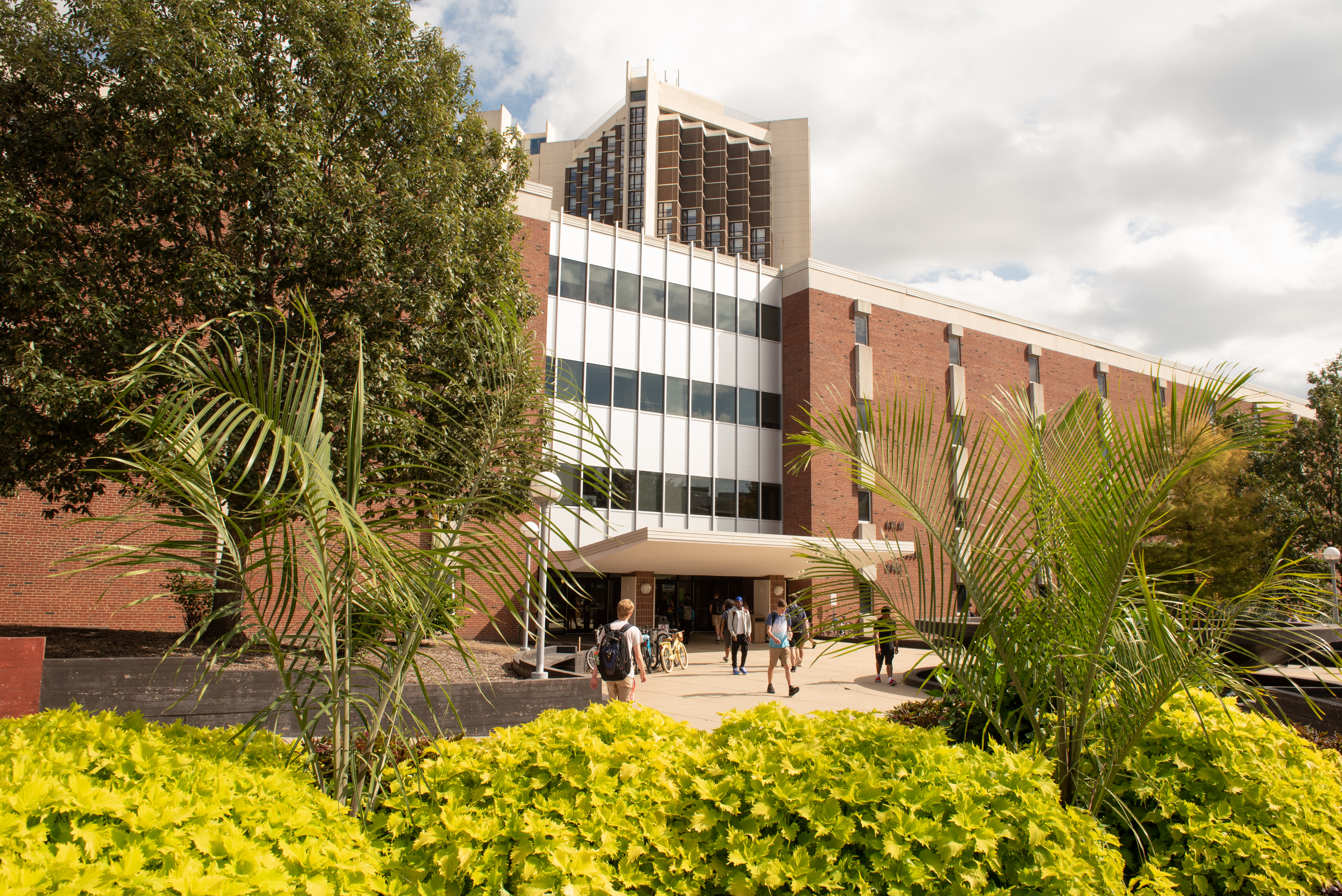 Stevenson Hall in the summer with green foliage.