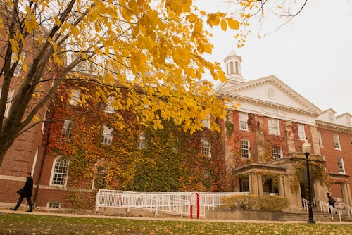 A picture of fell hall viewed from the ISU quad during fall